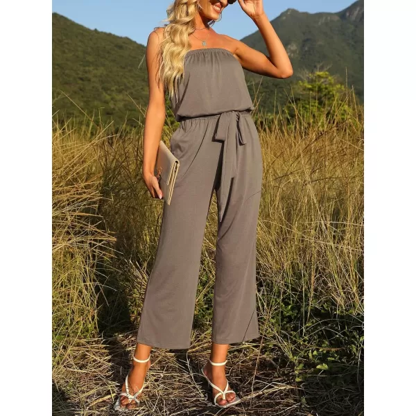 ZESICA Womens 2024 Casual Off Shoulder Solid Color Strapless Belted Wide Leg Jumpsuit RomperMocha