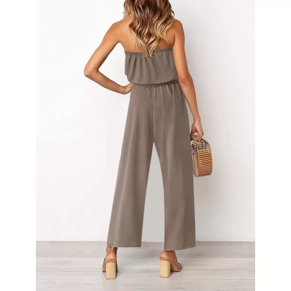 ZESICA Womens 2024 Casual Off Shoulder Solid Color Strapless Belted Wide Leg Jumpsuit RomperMocha
