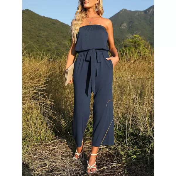 ZESICA Womens 2024 Casual Off Shoulder Solid Color Strapless Belted Wide Leg Jumpsuit RomperNavy