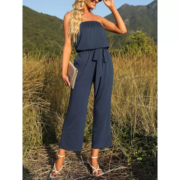 ZESICA Womens 2024 Casual Off Shoulder Solid Color Strapless Belted Wide Leg Jumpsuit RomperNavy