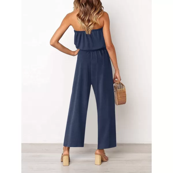 ZESICA Womens 2024 Casual Off Shoulder Solid Color Strapless Belted Wide Leg Jumpsuit RomperNavy