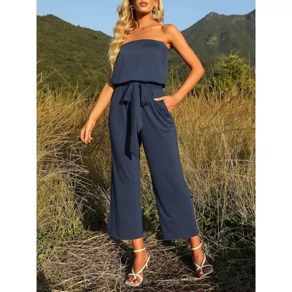 ZESICA Womens 2024 Casual Off Shoulder Solid Color Strapless Belted Wide Leg Jumpsuit RomperNavy