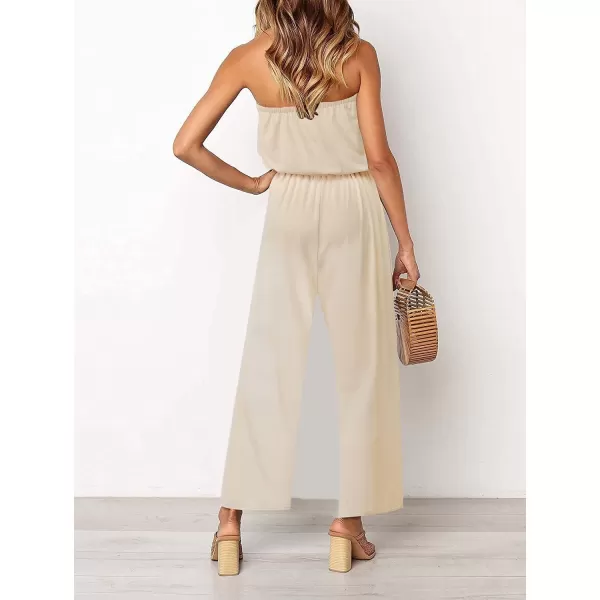 ZESICA Womens 2024 Casual Off Shoulder Solid Color Strapless Belted Wide Leg Jumpsuit RomperNude