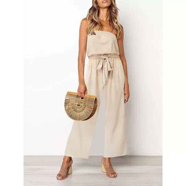 ZESICA Womens 2024 Casual Off Shoulder Solid Color Strapless Belted Wide Leg Jumpsuit RomperNude