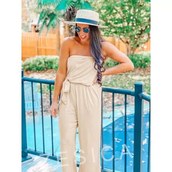 ZESICA Womens 2024 Casual Off Shoulder Solid Color Strapless Belted Wide Leg Jumpsuit RomperNude