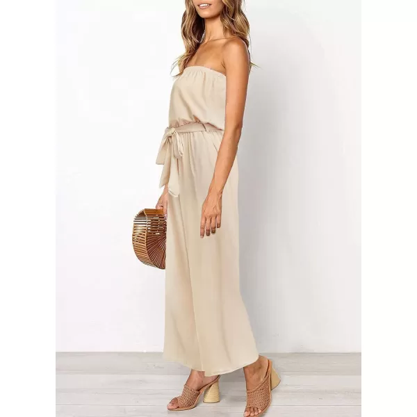 ZESICA Womens 2024 Casual Off Shoulder Solid Color Strapless Belted Wide Leg Jumpsuit RomperNude