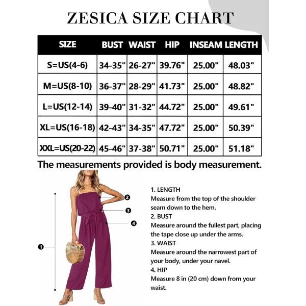 ZESICA Womens 2024 Casual Off Shoulder Solid Color Strapless Belted Wide Leg Jumpsuit RomperPlum