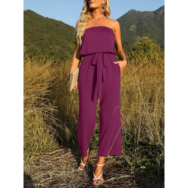 ZESICA Womens 2024 Casual Off Shoulder Solid Color Strapless Belted Wide Leg Jumpsuit RomperPlum