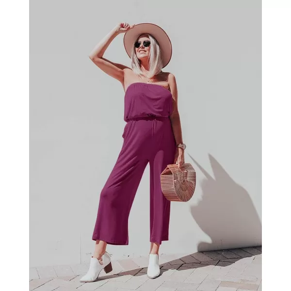 ZESICA Womens 2024 Casual Off Shoulder Solid Color Strapless Belted Wide Leg Jumpsuit RomperPlum