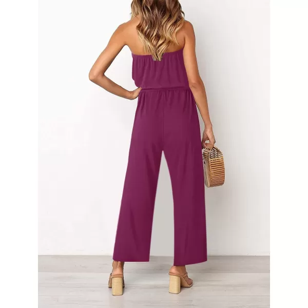 ZESICA Womens 2024 Casual Off Shoulder Solid Color Strapless Belted Wide Leg Jumpsuit RomperPlum