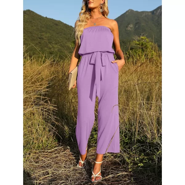 ZESICA Womens 2024 Casual Off Shoulder Solid Color Strapless Belted Wide Leg Jumpsuit RomperPurple