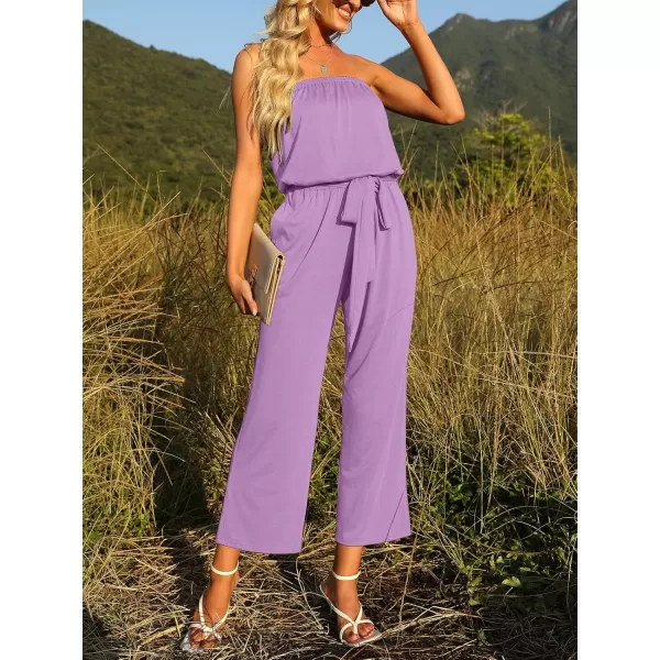 ZESICA Womens 2024 Casual Off Shoulder Solid Color Strapless Belted Wide Leg Jumpsuit RomperPurple