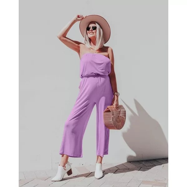 ZESICA Womens 2024 Casual Off Shoulder Solid Color Strapless Belted Wide Leg Jumpsuit RomperPurple