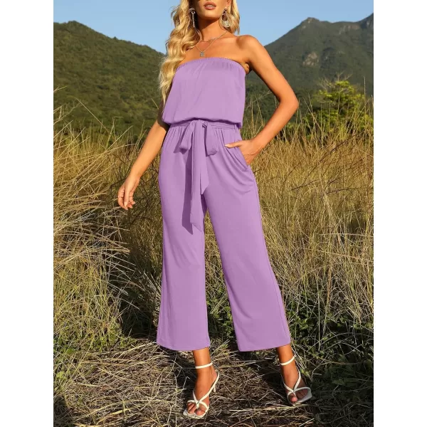 ZESICA Womens 2024 Casual Off Shoulder Solid Color Strapless Belted Wide Leg Jumpsuit RomperPurple