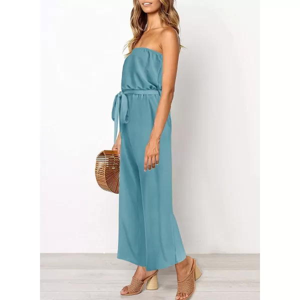 ZESICA Womens 2024 Casual Off Shoulder Solid Color Strapless Belted Wide Leg Jumpsuit RomperSage