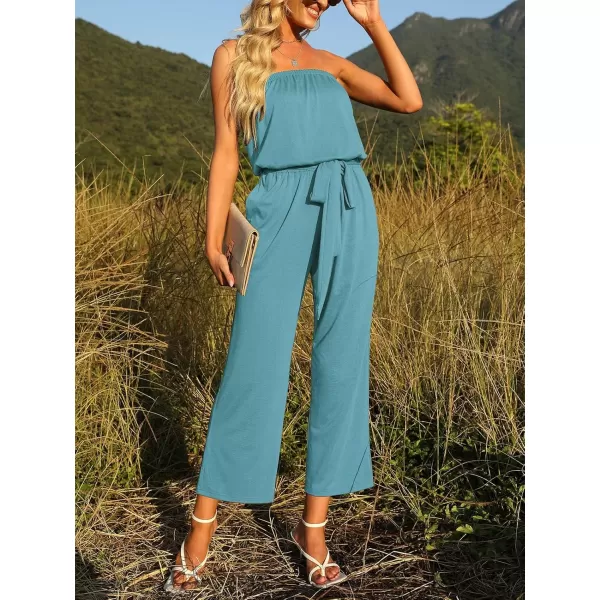 ZESICA Womens 2024 Casual Off Shoulder Solid Color Strapless Belted Wide Leg Jumpsuit RomperSage