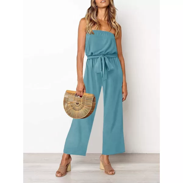 ZESICA Womens 2024 Casual Off Shoulder Solid Color Strapless Belted Wide Leg Jumpsuit RomperSage