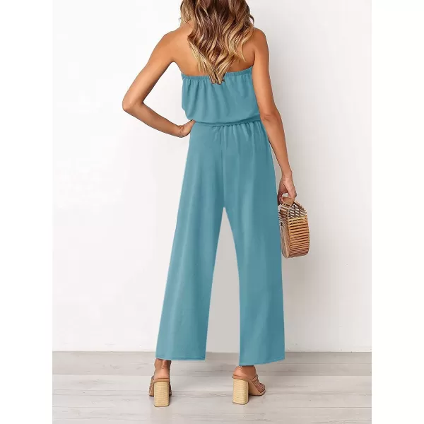 ZESICA Womens 2024 Casual Off Shoulder Solid Color Strapless Belted Wide Leg Jumpsuit RomperSage