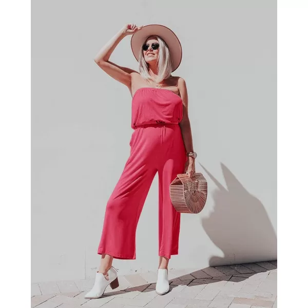 ZESICA Womens 2024 Casual Off Shoulder Solid Color Strapless Belted Wide Leg Jumpsuit RomperTeaberry