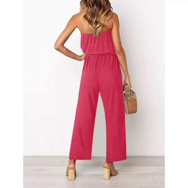 ZESICA Womens 2024 Casual Off Shoulder Solid Color Strapless Belted Wide Leg Jumpsuit RomperTeaberry