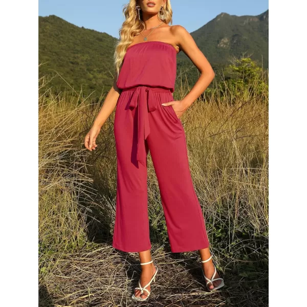 ZESICA Womens 2024 Casual Off Shoulder Solid Color Strapless Belted Wide Leg Jumpsuit RomperTeaberry