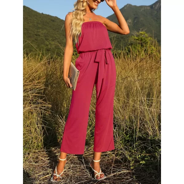 ZESICA Womens 2024 Casual Off Shoulder Solid Color Strapless Belted Wide Leg Jumpsuit RomperTeaberry