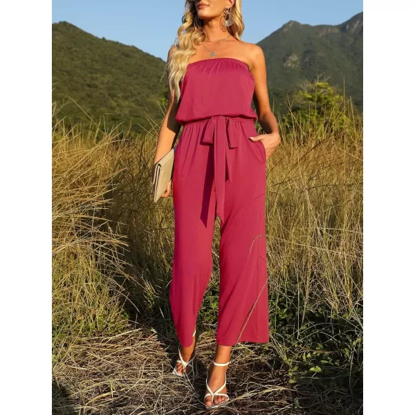 ZESICA Womens 2024 Casual Off Shoulder Solid Color Strapless Belted Wide Leg Jumpsuit RomperTeaberry