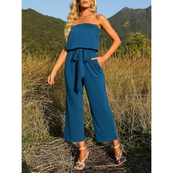ZESICA Womens 2024 Casual Off Shoulder Solid Color Strapless Belted Wide Leg Jumpsuit RomperTeal