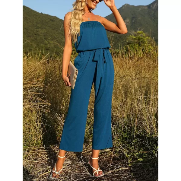 ZESICA Womens 2024 Casual Off Shoulder Solid Color Strapless Belted Wide Leg Jumpsuit RomperTeal