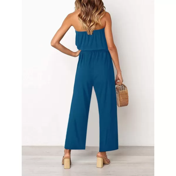 ZESICA Womens 2024 Casual Off Shoulder Solid Color Strapless Belted Wide Leg Jumpsuit RomperTeal