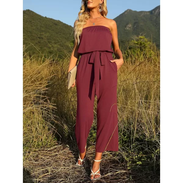 ZESICA Womens 2024 Casual Off Shoulder Solid Color Strapless Belted Wide Leg Jumpsuit RomperWine