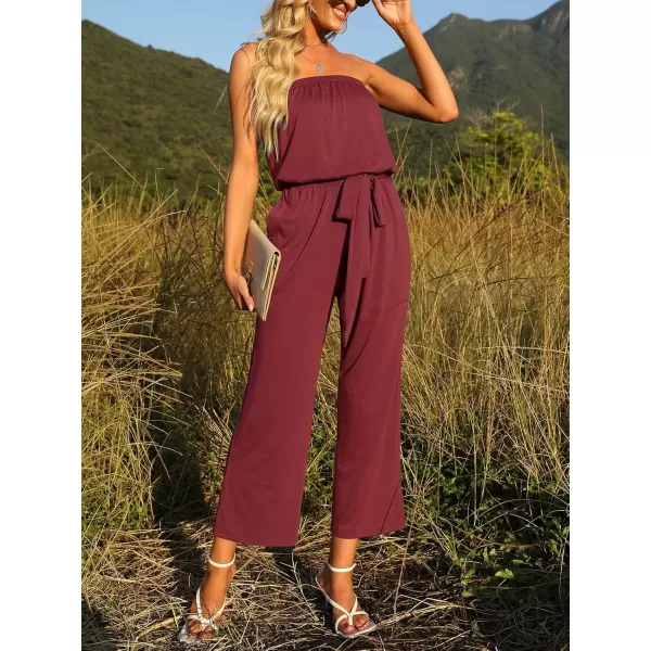 ZESICA Womens 2024 Casual Off Shoulder Solid Color Strapless Belted Wide Leg Jumpsuit RomperWine