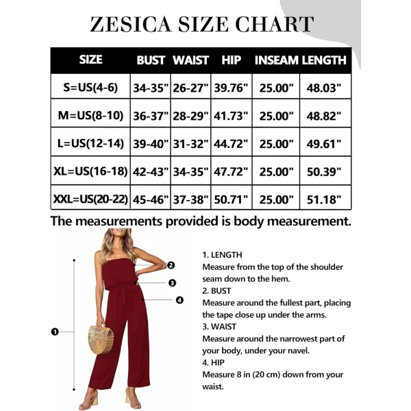 ZESICA Womens 2024 Casual Off Shoulder Solid Color Strapless Belted Wide Leg Jumpsuit RomperWine