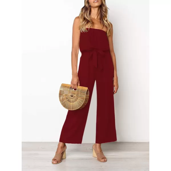 ZESICA Womens 2024 Casual Off Shoulder Solid Color Strapless Belted Wide Leg Jumpsuit RomperWine