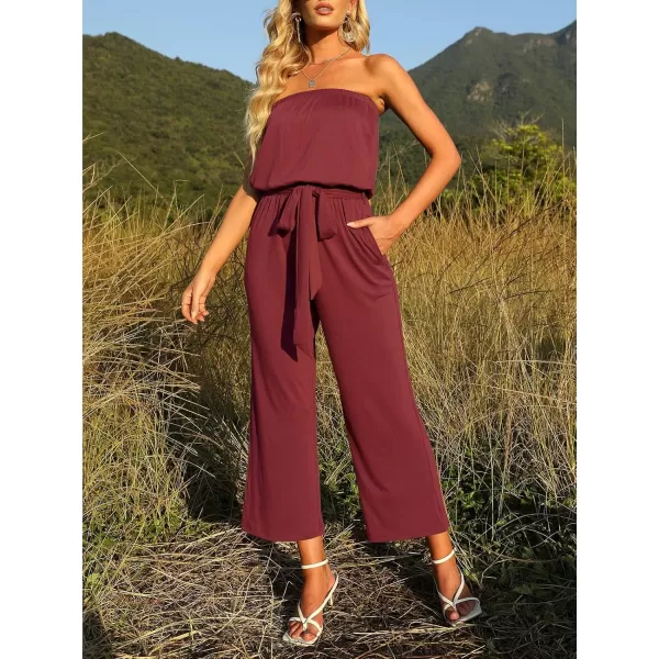 ZESICA Womens 2024 Casual Off Shoulder Solid Color Strapless Belted Wide Leg Jumpsuit RomperWine