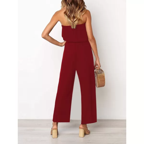 ZESICA Womens 2024 Casual Off Shoulder Solid Color Strapless Belted Wide Leg Jumpsuit RomperWine