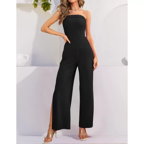 ZESICA Womens 2024 Strapless Jumpsuit Casual Off Shoulder High Waist Wide Leg Side Slit Long Romper Playsuits with PocketsBlack