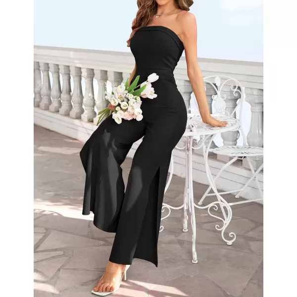 ZESICA Womens 2024 Strapless Jumpsuit Casual Off Shoulder High Waist Wide Leg Side Slit Long Romper Playsuits with PocketsBlack