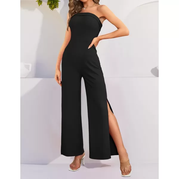 ZESICA Womens 2024 Strapless Jumpsuit Casual Off Shoulder High Waist Wide Leg Side Slit Long Romper Playsuits with PocketsBlack