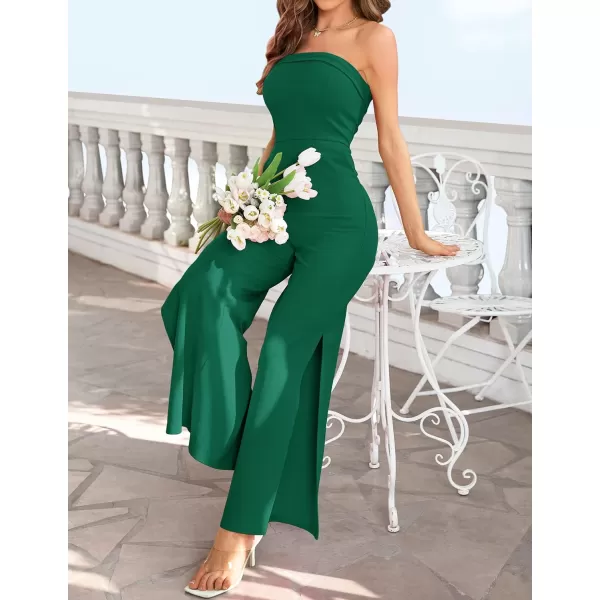 ZESICA Womens 2024 Strapless Jumpsuit Casual Off Shoulder High Waist Wide Leg Side Slit Long Romper Playsuits with PocketsDarkgreen