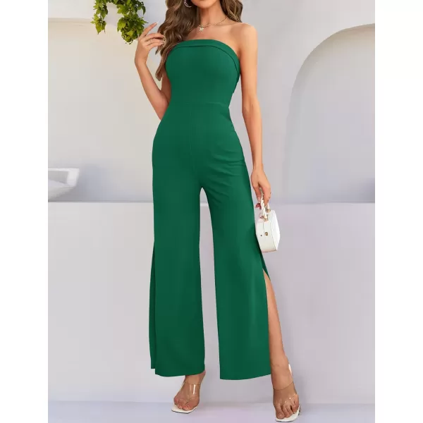 ZESICA Womens 2024 Strapless Jumpsuit Casual Off Shoulder High Waist Wide Leg Side Slit Long Romper Playsuits with PocketsDarkgreen