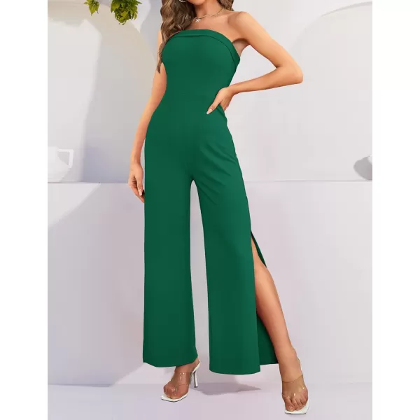 ZESICA Womens 2024 Strapless Jumpsuit Casual Off Shoulder High Waist Wide Leg Side Slit Long Romper Playsuits with PocketsDarkgreen