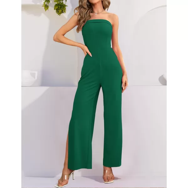 ZESICA Womens 2024 Strapless Jumpsuit Casual Off Shoulder High Waist Wide Leg Side Slit Long Romper Playsuits with PocketsDarkgreen