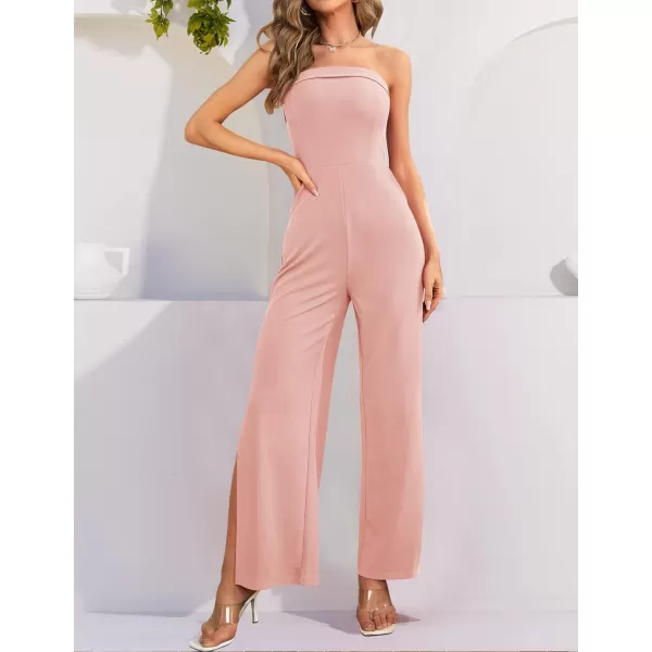 ZESICA Womens 2024 Strapless Jumpsuit Casual Off Shoulder High Waist Wide Leg Side Slit Long Romper Playsuits with PocketsDustypink