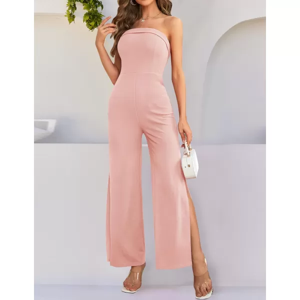 ZESICA Womens 2024 Strapless Jumpsuit Casual Off Shoulder High Waist Wide Leg Side Slit Long Romper Playsuits with PocketsDustypink