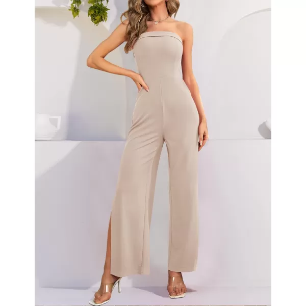 ZESICA Womens 2024 Strapless Jumpsuit Casual Off Shoulder High Waist Wide Leg Side Slit Long Romper Playsuits with PocketsGreyapricot