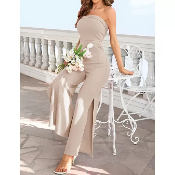 ZESICA Womens 2024 Strapless Jumpsuit Casual Off Shoulder High Waist Wide Leg Side Slit Long Romper Playsuits with PocketsGreyapricot