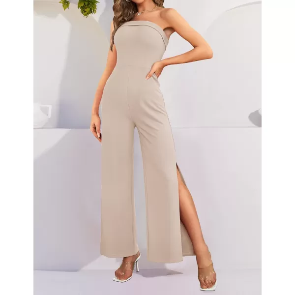 ZESICA Womens 2024 Strapless Jumpsuit Casual Off Shoulder High Waist Wide Leg Side Slit Long Romper Playsuits with PocketsGreyapricot