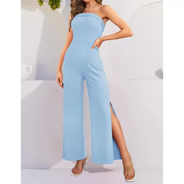 ZESICA Womens 2024 Strapless Jumpsuit Casual Off Shoulder High Waist Wide Leg Side Slit Long Romper Playsuits with PocketsLightblue