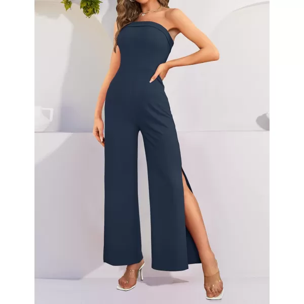 ZESICA Womens 2024 Strapless Jumpsuit Casual Off Shoulder High Waist Wide Leg Side Slit Long Romper Playsuits with PocketsNavy